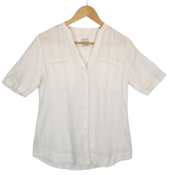 Chico's Women's Linen Short Sleeve Button Up Blouse Cream Gold Thread Size Small - Picture 1 of 5